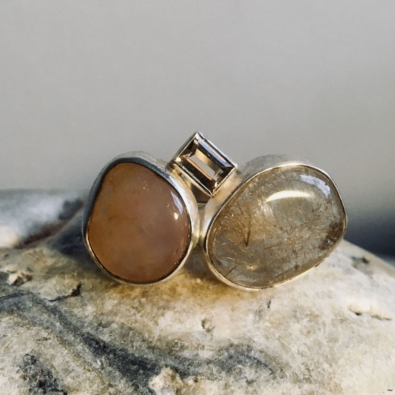 Ring Silber, Rosenquarz, Rutilquarz, Imperialtopas, Gabriele Maynollo